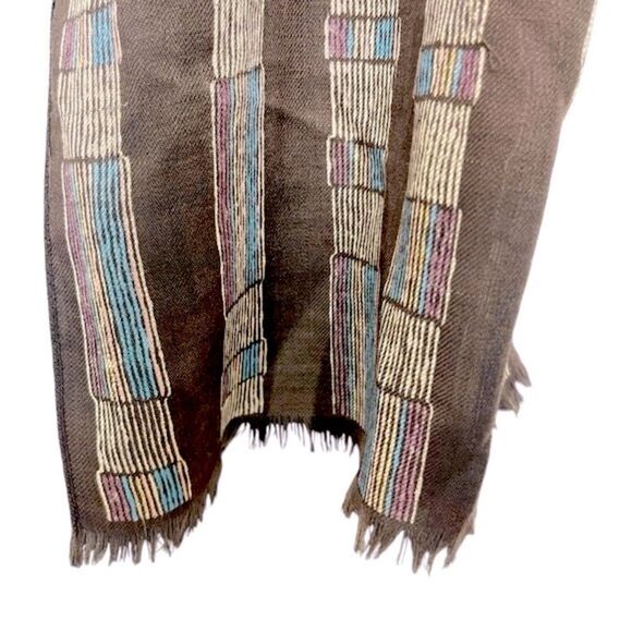 Vintage ECHO 100% Wool Long Scarf, Brown with Cream Blue Stripe Abstract Design - Picture 6 of 7
